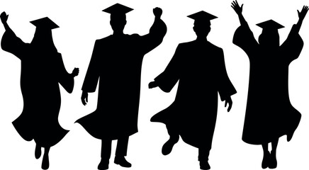 Graduates celebrating graduation day in cap and gown silhouette illustration