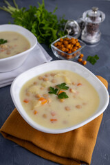 Vegan soup with chick peas, potatoes and root vegetables. Served in two bowls on grey table. Healthy food concept