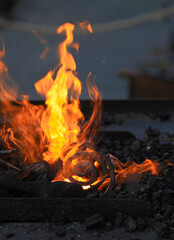 fuego espiral de hierro al rojo vivo en la fragua forja de carbón forjador herrero  4M0A8503-as25