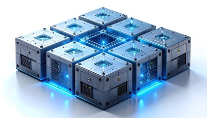 Low-profile modular quantum grid — 3×3 slab with under-glow cyan light