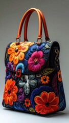 Embroidered Floral Handbag with Leather Handles