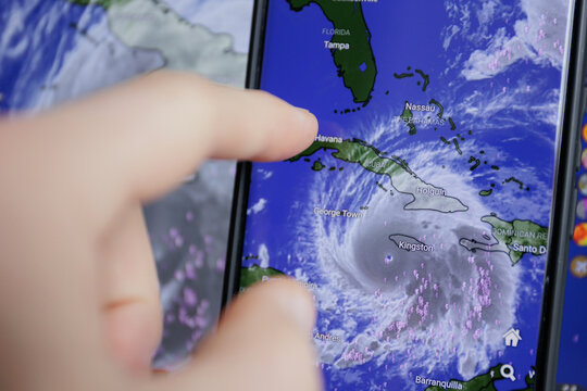 Hurricane Melissa shown on screen through windy app. Catastrophic storm towards Jamaica