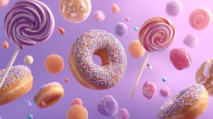Colorful Floating Treats: An Eye-Catching Display of Donuts, Lollipops, and Candy on a Soft Purple Background for Sweet Imagery and Delightful Designs