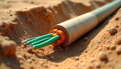 Modern fiber optic cable lies installed in sandy desert ground. Green data wires run through protective conduit underground. Essential tech infrastructure connects remote areas, enabling fast global