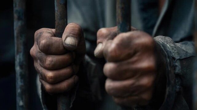 Close-up of weathered hands tightly gripping metal prison bars.