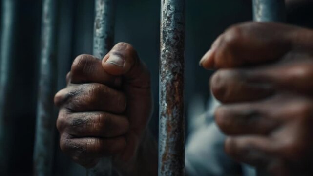 Two hands tightly gripping rusty metal bars, as if a prisoner in a jail cell.