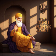 Happy Guru Nanak Jayanti Greeting with Guru Nanak Dev Ji and Golden Khanda Symbol