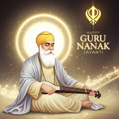 Happy Guru Nanak Jayanti Greeting with Guru Nanak Dev Ji and Golden Khanda Symbol
