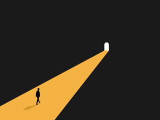 People walk towards the bright door