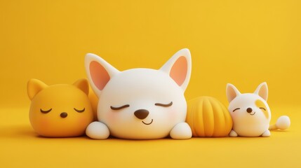 Cute Cartoon Animals Sleeping on Yellow Background
