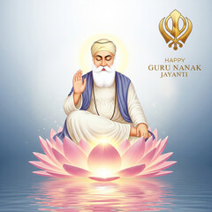 Happy Guru Nanak Jayanti Greeting with Guru Nanak Dev Ji and Golden Khanda Symbol