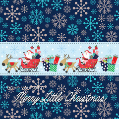 Christmas card with santa, sleigh, reindeer and snowflakes