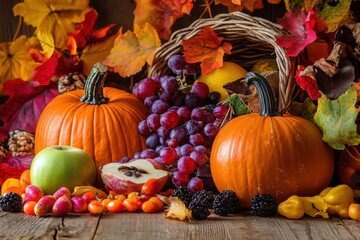 Colorful Autumn Harvest with Pumpkins and Fresh Fruits Arrangement
