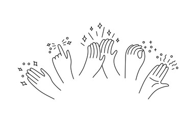 Hands clap doodle line art, applause and appreciate group of people. Congratulations, support, thanksgiving, feedback in hand drawn. Vector illustration