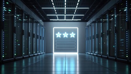 Brand Reputation Crisis Concept. High-tech server room with illuminated graphic display and rows of servers.