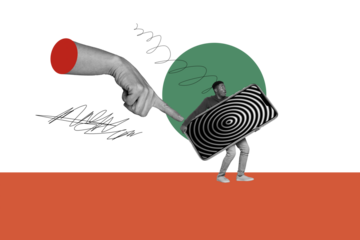 Composite photo collage of astonished american guy hold big phone screen hypnosis scam addiction hand point isolated on painted background