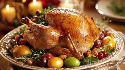 Roasted Turkey Presented on a Festive Dinner Table with Garnishes