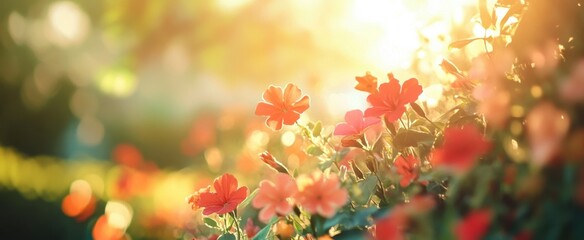 Vibrant Blooming Garden at Sunrise with Gentle Sunlight Filtering