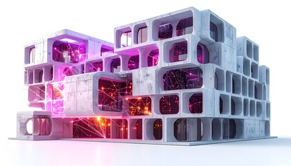 Standalone pavilion of interlocking quantum processor modules — white façade
