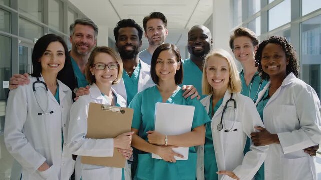 Group of multiracial doctors smiling and looking at the camera inside hospital - Medical professionals and health care concept - Models by AI generative
