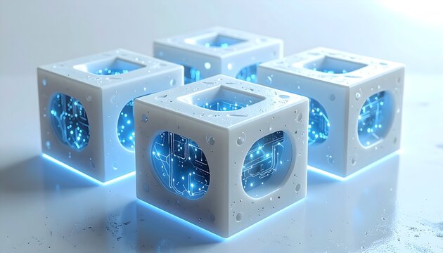 Quantum cube array — frosted modules with translucent blue emitters