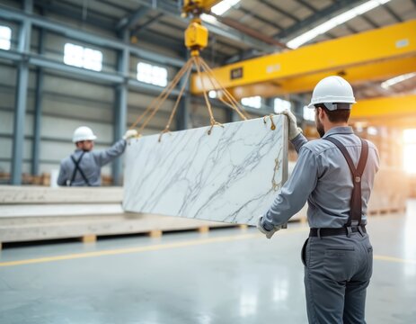 Men in hard hats transport large marble slab using industrial crane. Workers carefully handle heavy stone block inside factory warehouse. Manufacturing process shows teamwork, occupational safety at