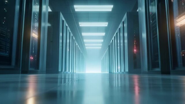 Long data center corridor with rows of server racks on both sides and bright overhead lights.
