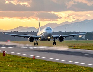 Obraz premium Jetliner touching down on runway, mountains, and sunset in backdrop