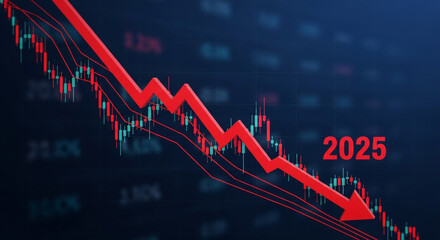 Stunning downward trend chart with a prominent red arrow signaling financial crisis and economic recession in 2025