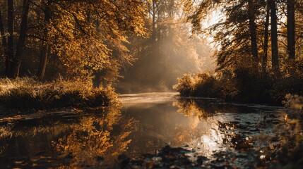 Obraz premium Serene Autumn Scene with Golden Leaves and Tranquil Water Reflections in a Peaceful Forest Landscape Surrounded by Warm Sunlight and Misty Atmosphere