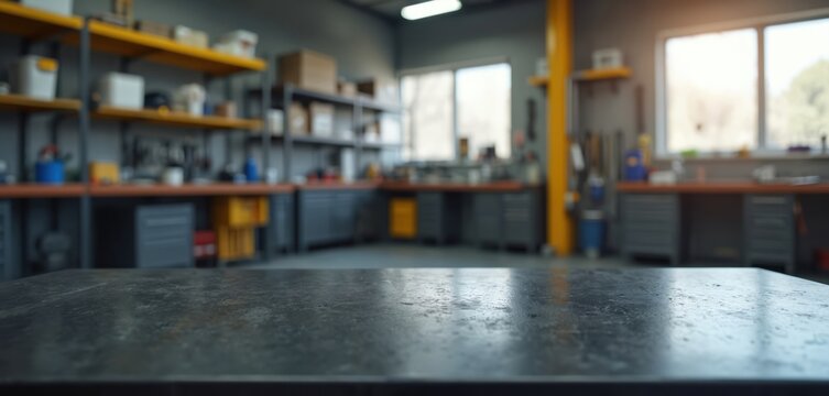 Black metal table surface in a car repair workshop. Blurred background shows the shop interior with tools shelves windows. Workshop table for product display or advertisement.