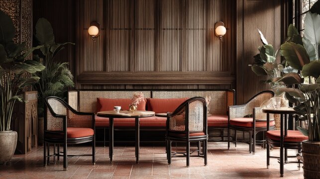 Interior shot of elegant rattan seating set on terracotta tiled floor, Asian-inspired decor with wooden panels and soft ambient light
