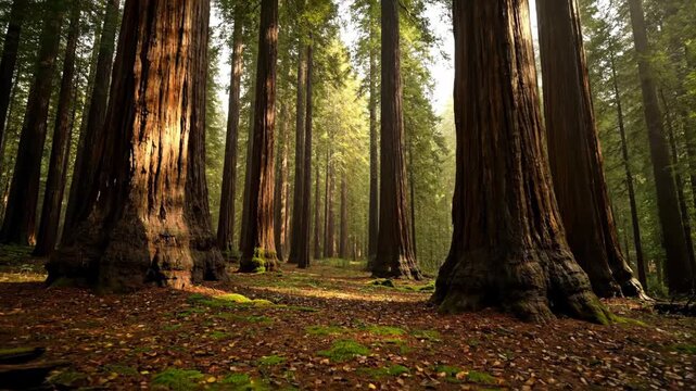 Majestic redwood forest bathed in sunlight, tall trees dominate the scene, earth floor with moss and leaves. Sunlight filters through