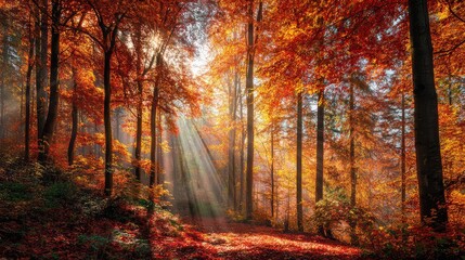 Obraz premium Enchanting Autumn Forest with Sunlight Streaming Through Colorful Leaves, Capturing the Peace and Tranquility of Nature in Vibrant Fall Colors