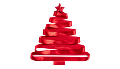 a Christmas tree made of shiny red satin ribbon, isolated on transparent background.