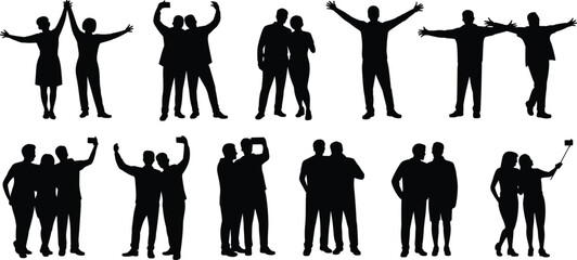Silhouette of people, group of friends, couples taking selfies, teamwork concept, friendship illustration, human figures posing, communication and relationship symbol, black vector design, unity