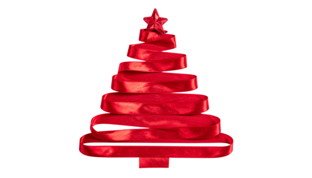 a Christmas tree made of shiny red satin ribbon, isolated on transparent background.