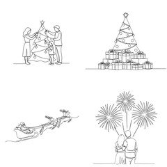Fototapeta premium Families celebrating Christmas with tree decorating and fireworks 