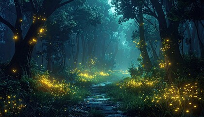 Enchanted Forest Path with Fireflies at Night