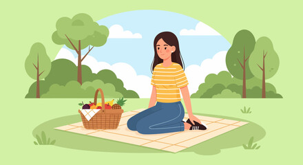 Girl Enjoying Picnic On Blanket With Fruit Basket In Park