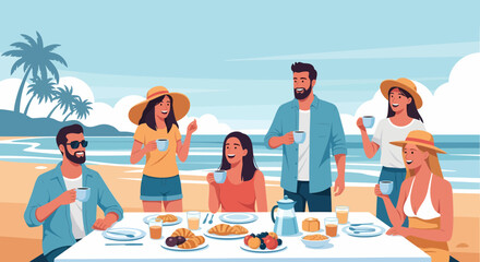 Group Enjoying Brunch At Beachside Table On Vacation