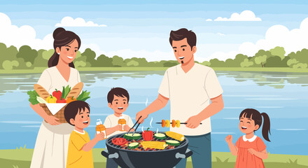 Happy Family Enjoying A Lakeside Barbecue On Summer Day