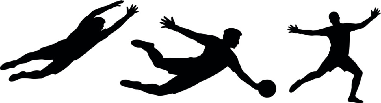 Silhouette of goalkeeper in action soccer football goalkeeper saves vector illustration