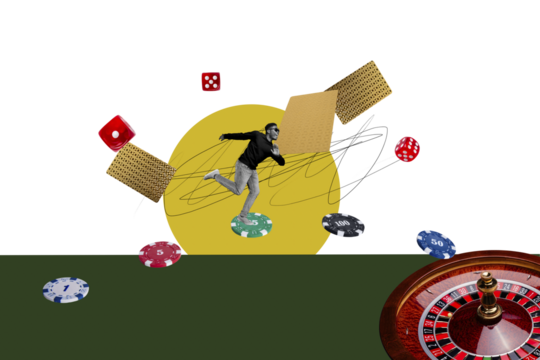 Creative collage picture young man runner cards chips roulette combination player luck fortune drawing doodles win prize