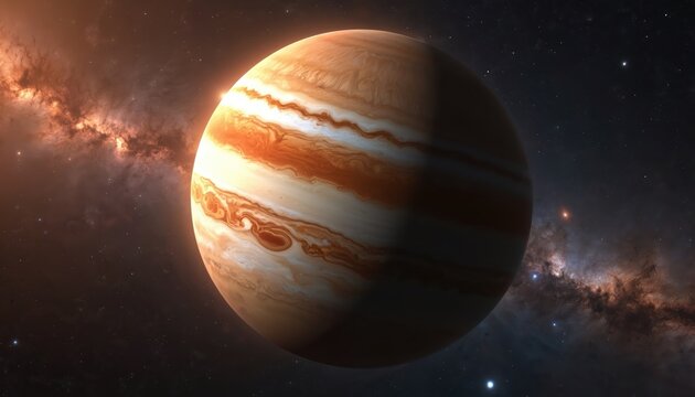 Jupiter, giant gas planet, orbits in dark cosmic space. Striped surface shows clouds, swirling storms. Light from star illuminates one side, creating bright glow. Stars, distant nebula fill universe