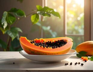 Halved papaya on plate, other papaya nearby; background plant