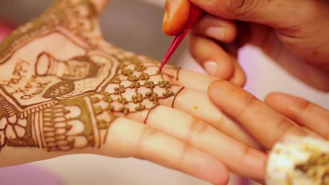 Mehndi being applied on a woman&rsquo;s hand as part of puja preparation for Indian festivals