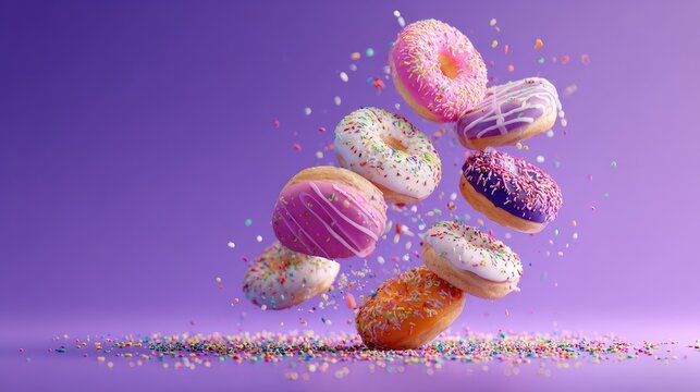 Colorful Donuts with Sprinkles Flying Against a Vibrant Purple Background, Perfect for Sweet Treats and Dessert Themes in Food Photography