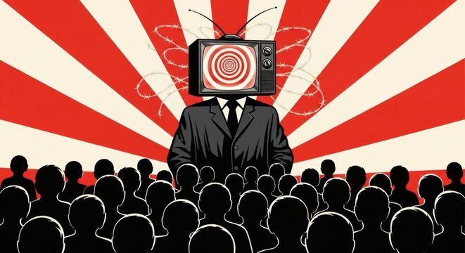 Media Mind Control TV Headed Figure in Crowd with Propaganda Backdrop.