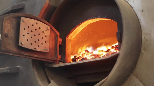 Worker feeding coal into industrial water boiler with intense flames